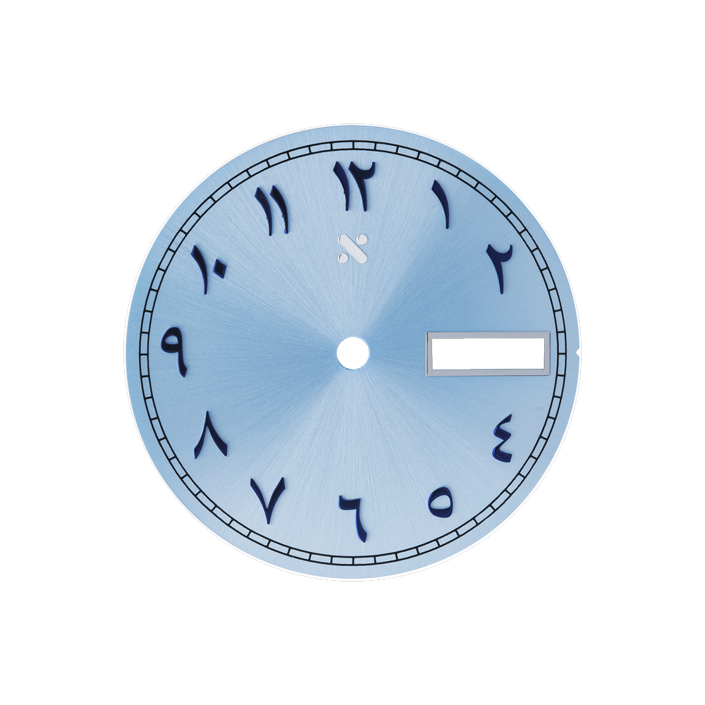 Namoki Arabic Sunburst Sky Blue Finish dial: a sunburst blue day-date dial with Arabic numerals
